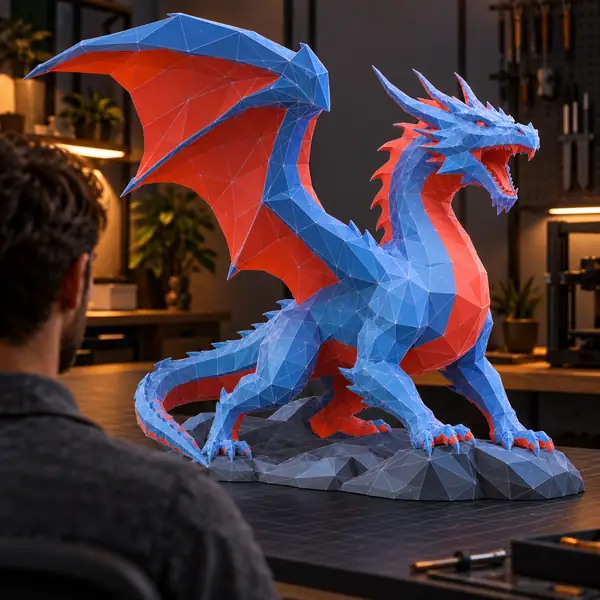 Saubere technische Darstellung eines Polygon-Meshes mit kontrastierenden Flächenrichtungen, quadratischer Zuschnitt