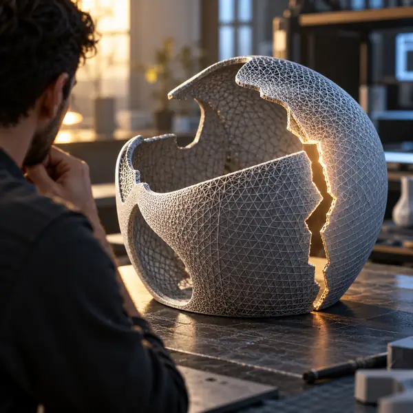 Technische 3D-Darstellung eines Meshes mit offener Schale und einer sanft hervorgehobenen Lücke, quadratischer Zuschnitt