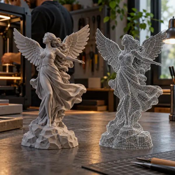 Fertige graue 3D-gedruckte Form neben einer sauberen Wireframe-STL-Vorschau auf einer Studiooberfläche, quadratischer Zuschnitt